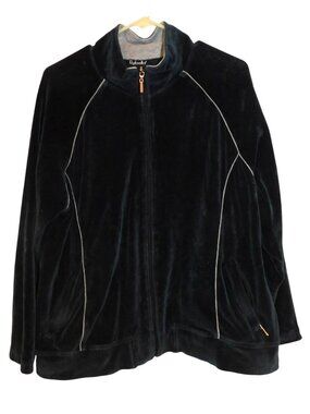 Rafaella XL Black Velour Zip Up Track Jacke White Piping Y2K Retro Loungewear